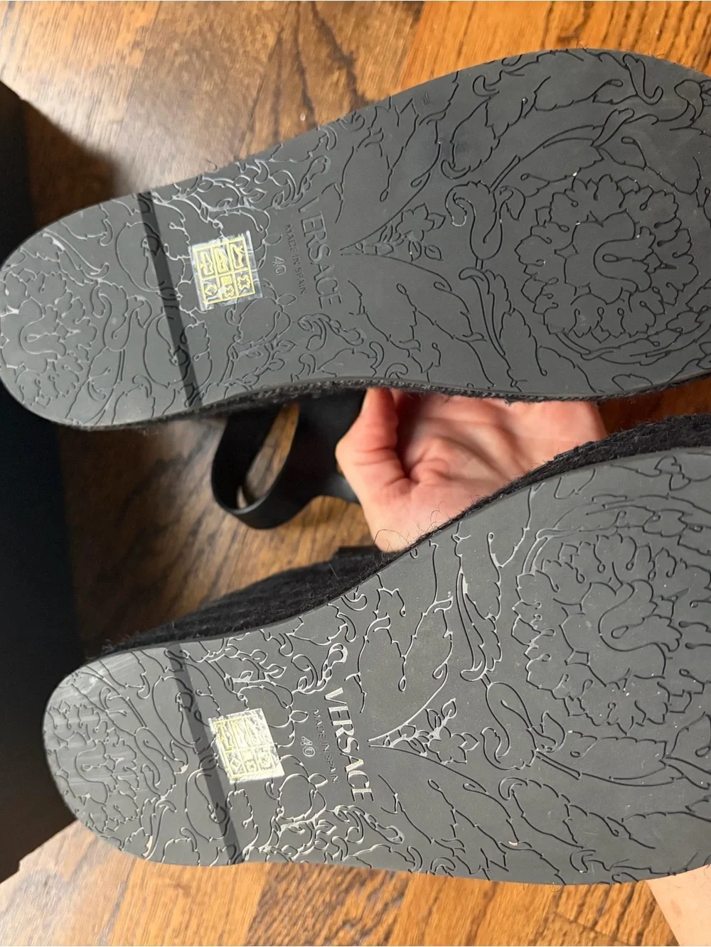 Versace Black Platform Espadrille Sandals with Gold Medusa Medallion Accent